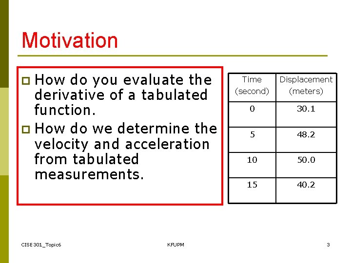 Motivation How do you evaluate the derivative of a tabulated function. p How do