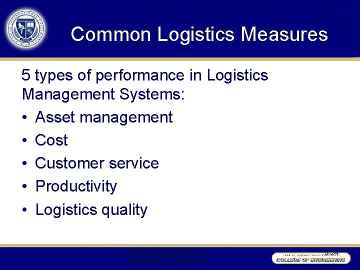 Common Logistics Measures 5 types of performance in Logistics Management Systems: • Asset management