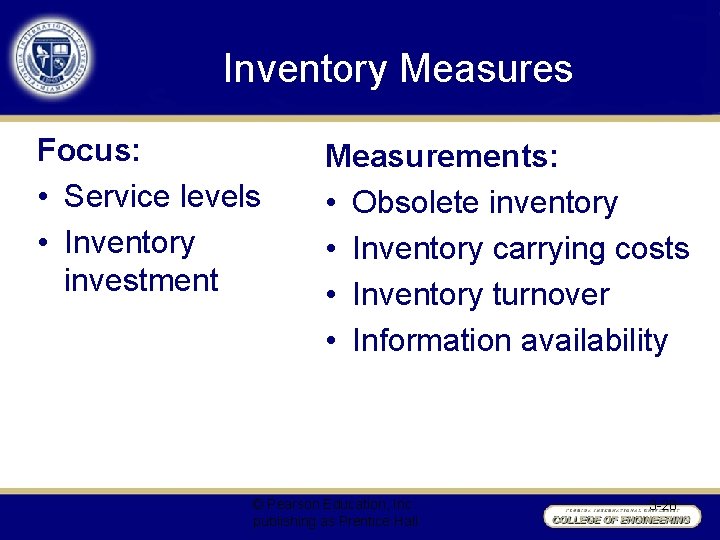 Inventory Measures Focus: • Service levels • Inventory investment Measurements: • Obsolete inventory •