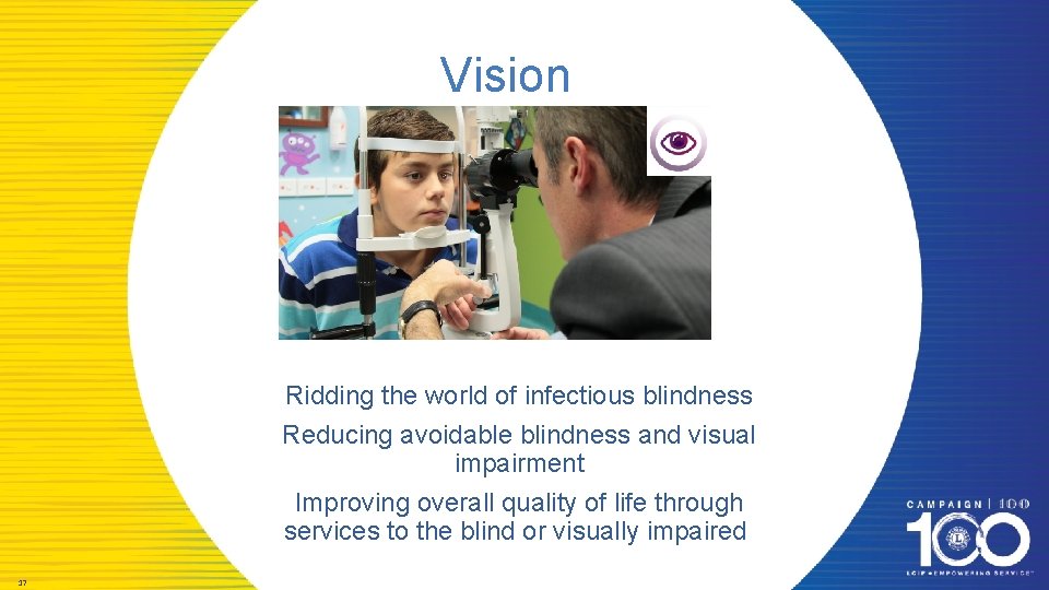 Vision Ridding the world of infectious blindness Reducing avoidable blindness and visual impairment Improving