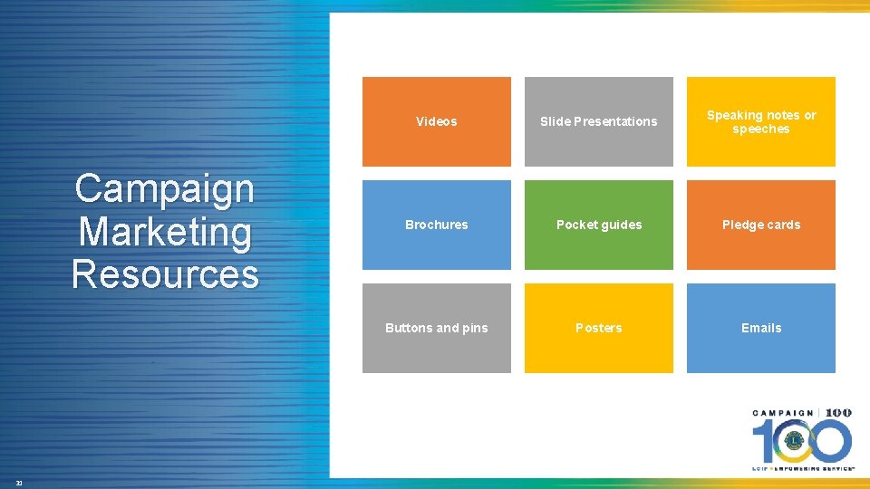 Campaign Marketing Resources 31 Videos Slide Presentations Speaking notes or speeches Brochures Pocket guides