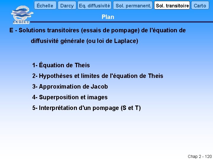 Échelle Darcy Eq. diffusivité Sol. permanent. Sol. transitoire Carto Plan E - Solutions transitoires