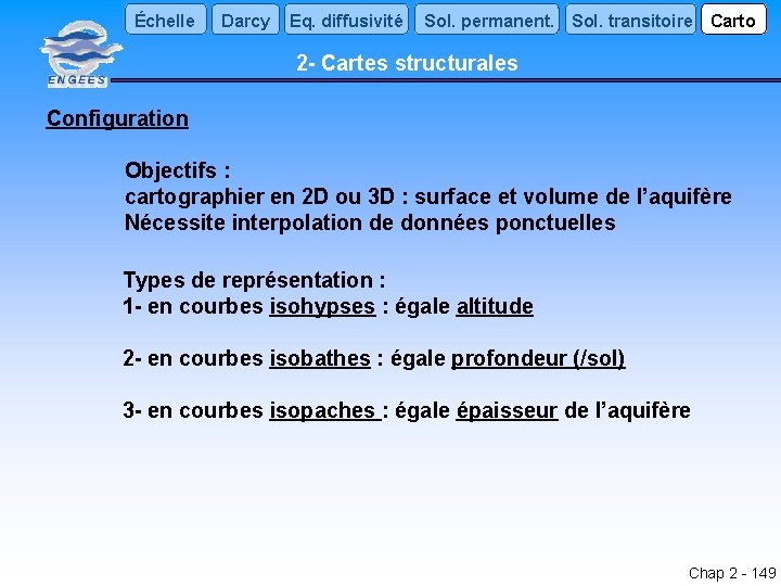 Échelle Darcy Eq. diffusivité Sol. permanent. Sol. transitoire Carto 2 - Cartes structurales Configuration