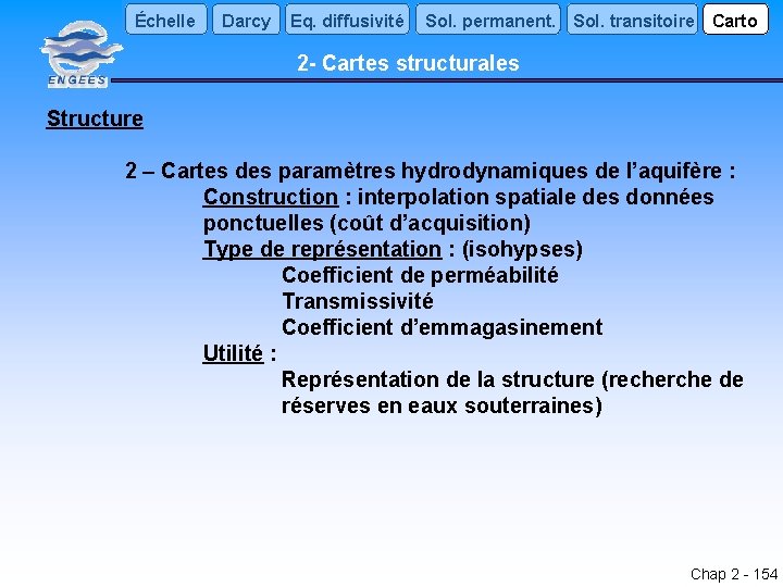 Échelle Darcy Eq. diffusivité Sol. permanent. Sol. transitoire Carto 2 - Cartes structurales Structure