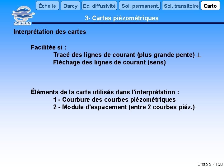 Échelle Darcy Eq. diffusivité Sol. permanent. Sol. transitoire Carto 3 - Cartes piézométriques Interprétation