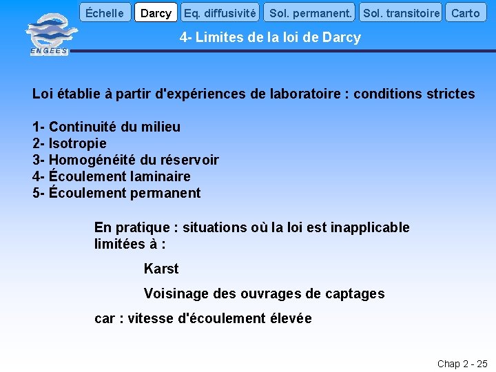 Échelle Darcy Eq. diffusivité Sol. permanent. Sol. transitoire Carto 4 - Limites de la