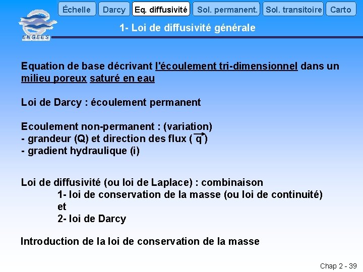 Échelle Darcy Eq. diffusivité Sol. permanent. Sol. transitoire Carto 1 - Loi de diffusivité