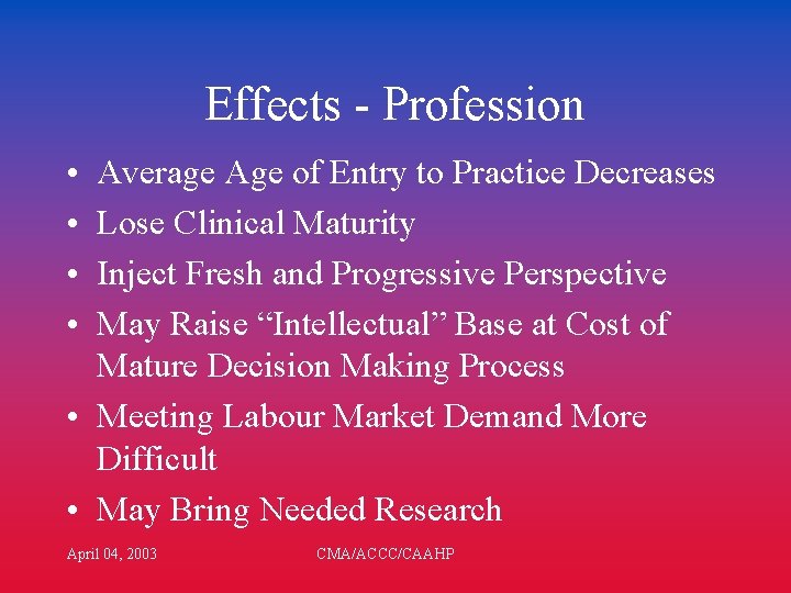 Effects - Profession • • Average Age of Entry to Practice Decreases Lose Clinical