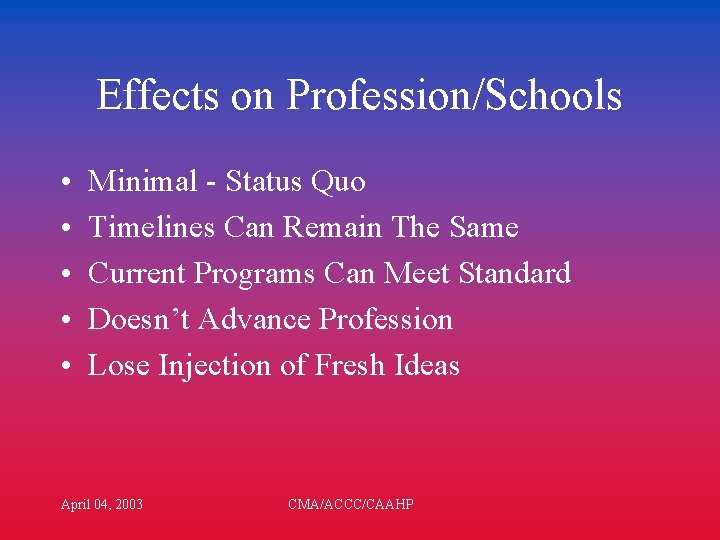 Effects on Profession/Schools • • • Minimal - Status Quo Timelines Can Remain The