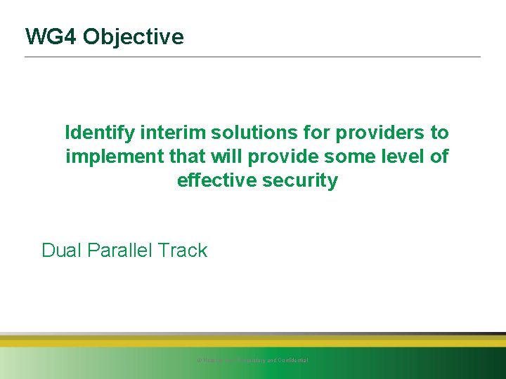 WG 4 Objective Identify interim solutions for providers to implement that will provide some