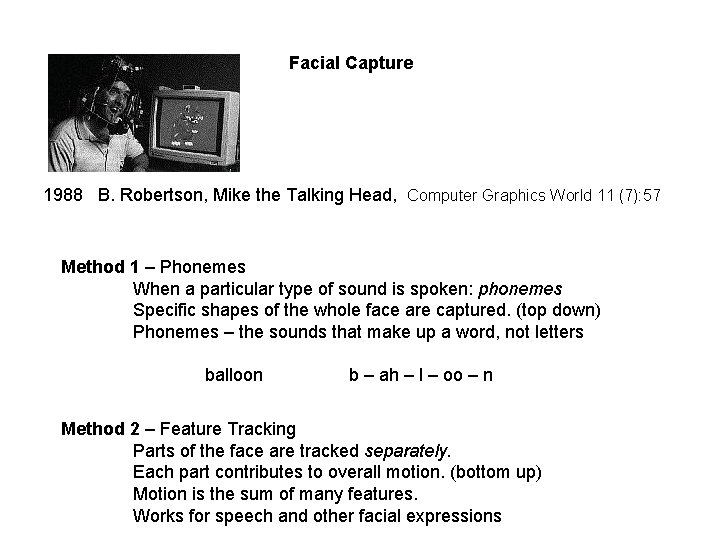 Facial Capture 1988 B. Robertson, Mike the Talking Head, Computer Graphics World 11 (7): Facial Capture 1988 B. Robertson, Mike the Talking Head, Computer Graphics World 11 (7):