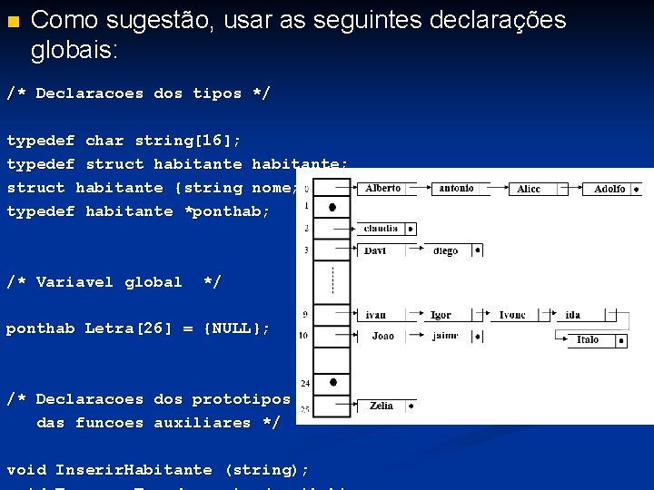 n Como sugestão, usar as seguintes declarações globais: /* Declaracoes dos tipos */ typedef