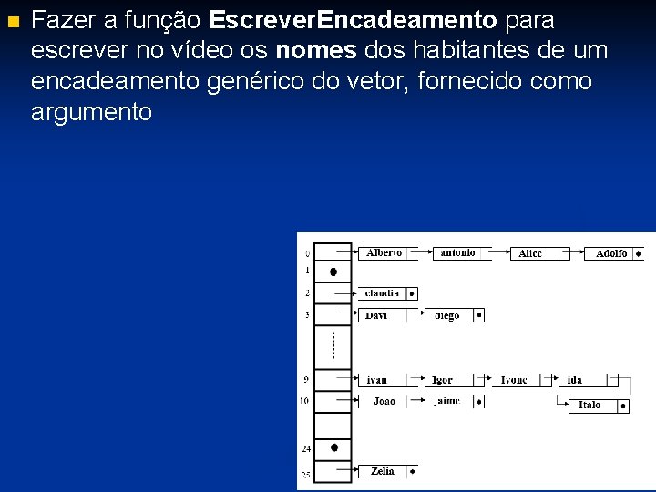 n Fazer a função Escrever. Encadeamento para escrever no vídeo os nomes dos habitantes