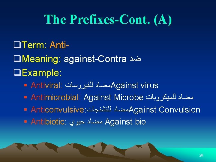 The Prefixes-Cont. (A) q. Term: Antiq. Meaning: against-Contra ﺿﺪ q. Example: § § Antiviral: