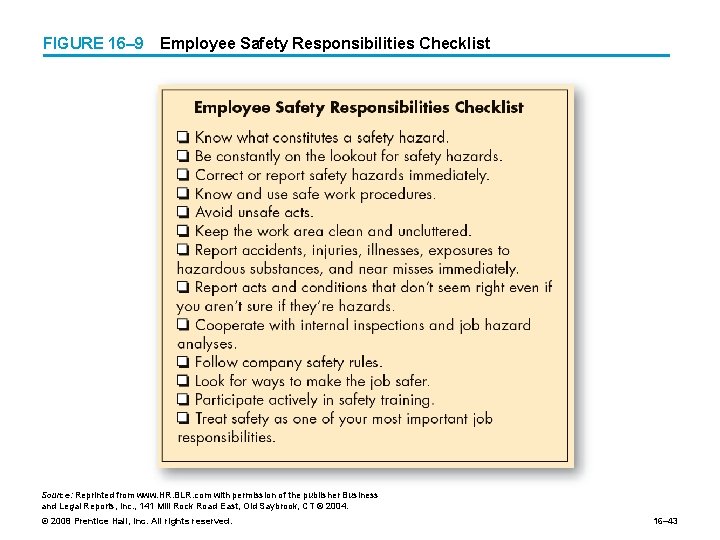 FIGURE 16– 9 Employee Safety Responsibilities Checklist Source: Reprinted from www. HR. BLR. com