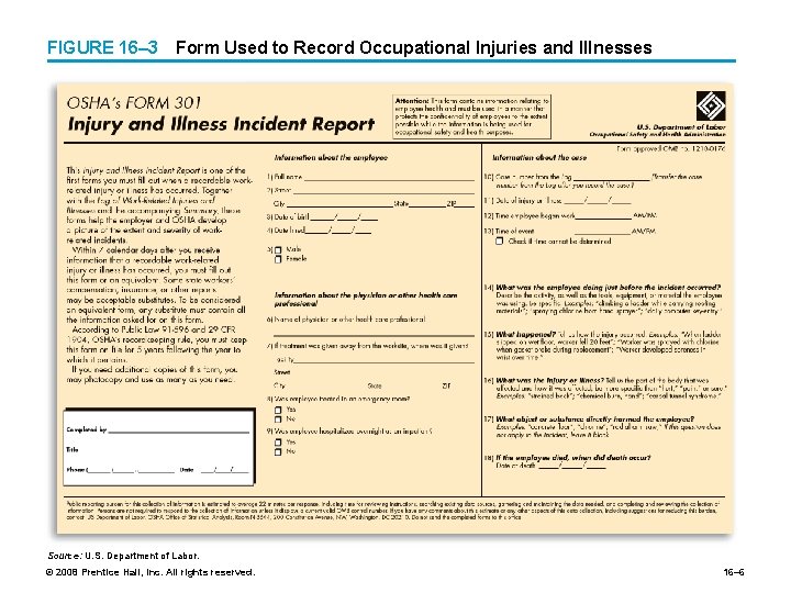 FIGURE 16– 3 Form Used to Record Occupational Injuries and Illnesses Source: U. S.