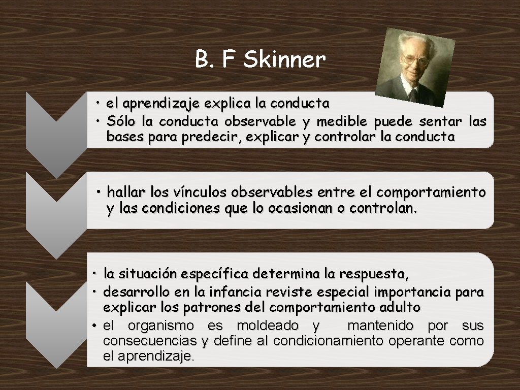 B. F Skinner • el aprendizaje explica la conducta • Sólo la conducta observable