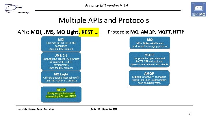 Annonce MQ version 9. 0. 4 Multiple APIs and Protocols APIs: MQI, JMS, MQ