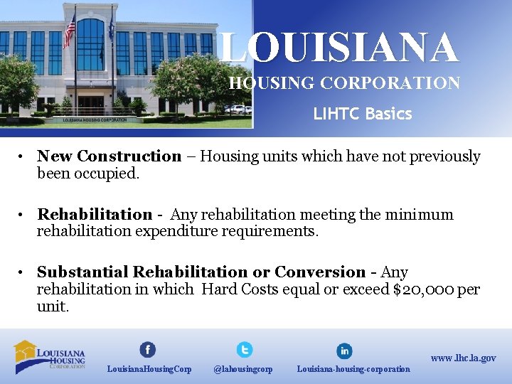 LOUISIANA HOUSING CORPORATION LIHTC Basics • New Construction – Housing units which have not