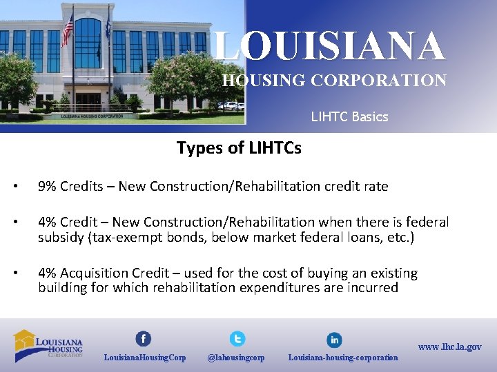 LOUISIANA HOUSING CORPORATION LIHTC Basics Types of LIHTCs • 9% Credits – New Construction/Rehabilitation