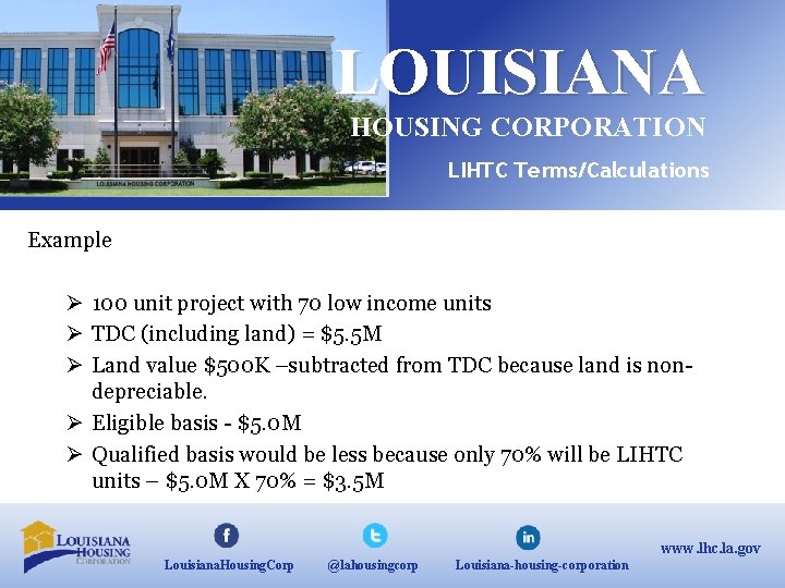 LOUISIANA HOUSING CORPORATION LIHTC Terms/Calculations Example Ø 100 unit project with 70 low income