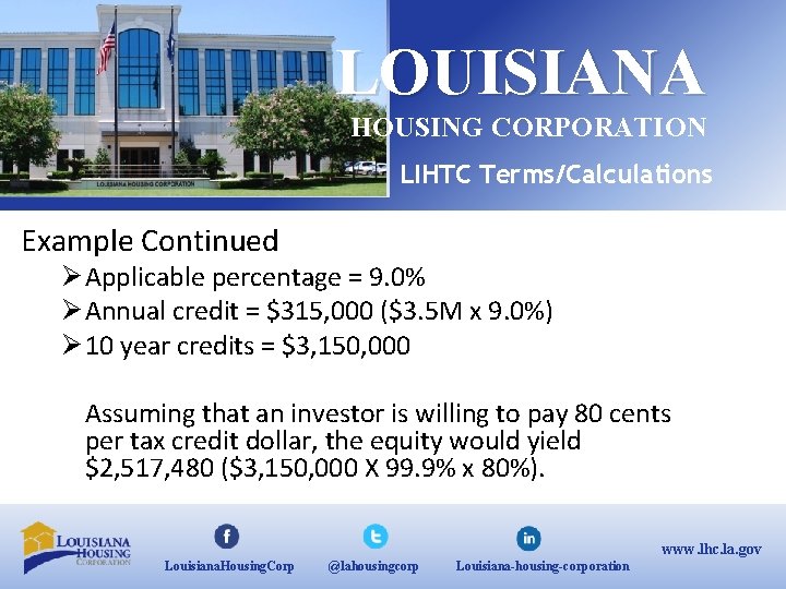 LOUISIANA HOUSING CORPORATION LIHTC Terms/Calculations Example Continued Ø Applicable percentage = 9. 0% Ø