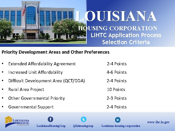 LOUISIANA HOUSING CORPORATION LIHTC Application Process Selection Criteria Priority Development Areas and Other Preferences