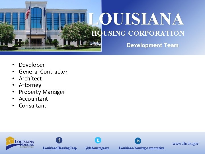 LOUISIANA HOUSING CORPORATION Development Team • • Developer General Contractor Architect Attorney Property Manager