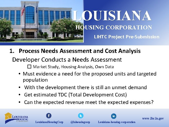 LOUISIANA HOUSING CORPORATION LIHTC Project Pre-Submission 1. Process Needs Assessment and Cost Analysis Developer