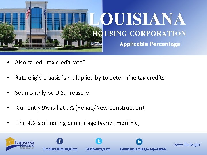 LOUISIANA HOUSING CORPORATION Applicable Percentage • Also called “tax credit rate” • Rate eligible