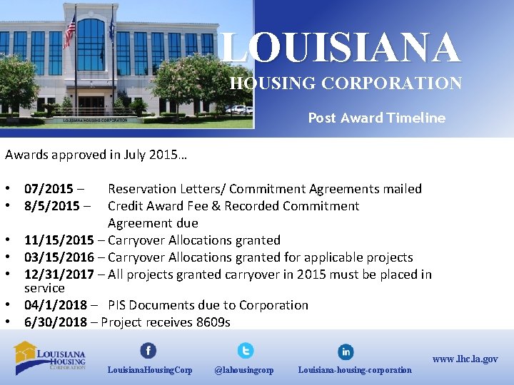 LOUISIANA HOUSING CORPORATION Post Award Timeline Awards approved in July 2015… • 07/2015 –