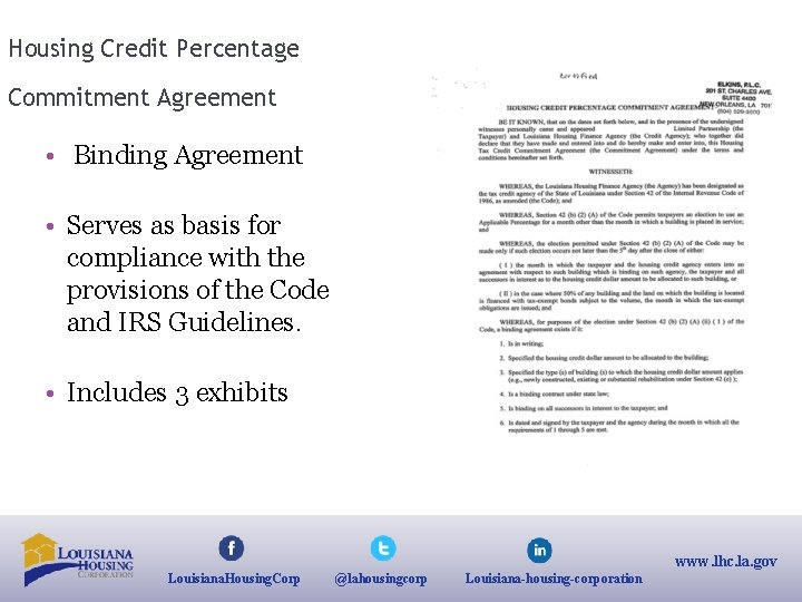 Housing Credit Percentage Commitment Agreement • Binding Agreement • Serves as basis for compliance