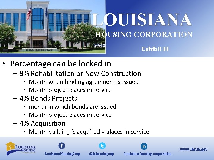 LOUISIANA HOUSING CORPORATION Exhibit III • Percentage can be locked in – 9% Rehabilitation