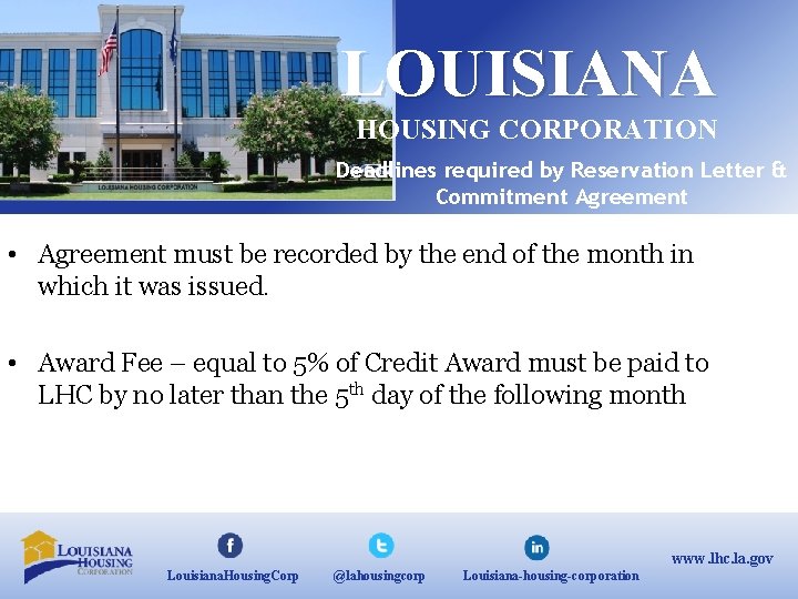 LOUISIANA HOUSING CORPORATION Deadlines required by Reservation Letter & Commitment Agreement • Agreement must