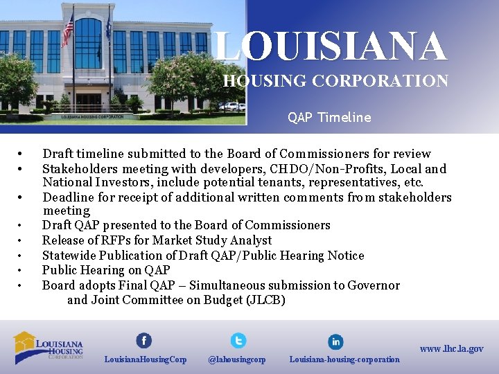 LOUISIANA HOUSING CORPORATION QAP Timeline • • Draft timeline submitted to the Board of