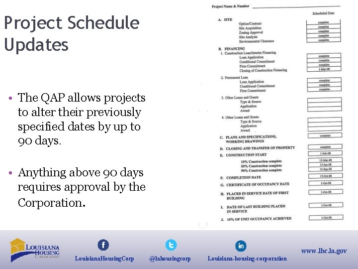 Project Schedule Updates • The QAP allows projects to alter their previously specified dates