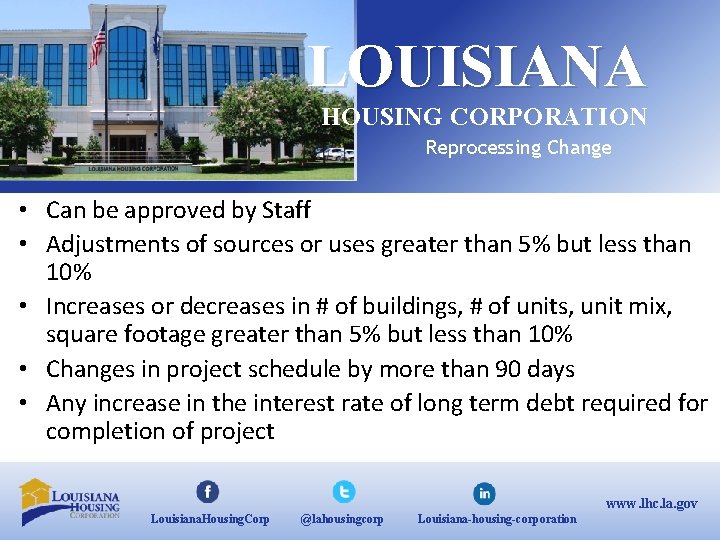 LOUISIANA HOUSING CORPORATION Reprocessing Change • Can be approved by Staff • Adjustments of