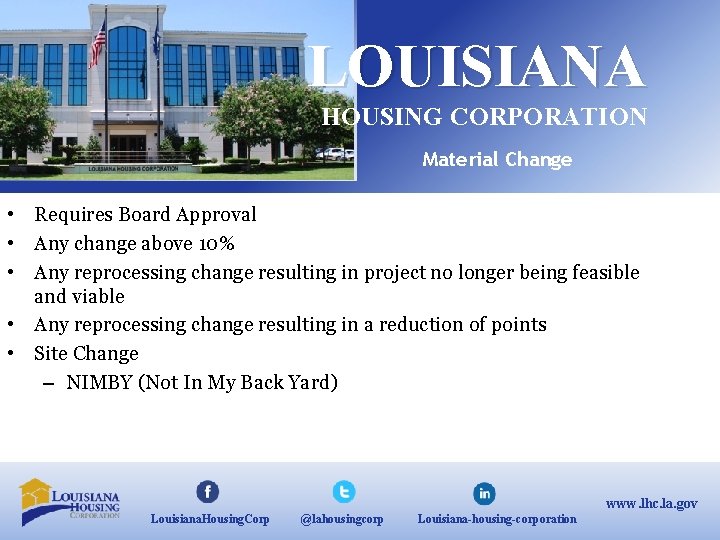 LOUISIANA HOUSING CORPORATION Material Change • Requires Board Approval • Any change above 10%