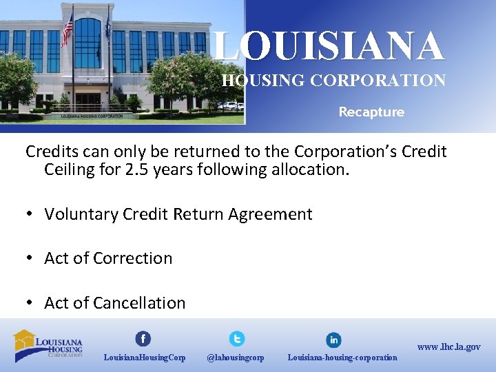 LOUISIANA HOUSING CORPORATION Recapture Credits can only be returned to the Corporation’s Credit Ceiling