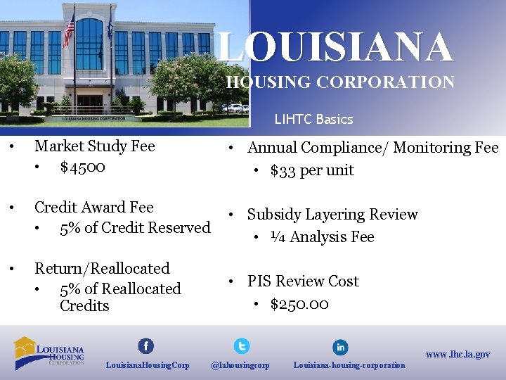 LOUISIANA HOUSING CORPORATION LIHTC Basics • Market Study Fee • $4500 • Annual Compliance/