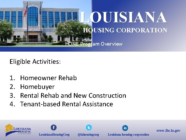 LOUISIANA HOUSING CORPORATION HOME Program Overview Eligible Activities: 1. 2. 3. 4. Homeowner Rehab