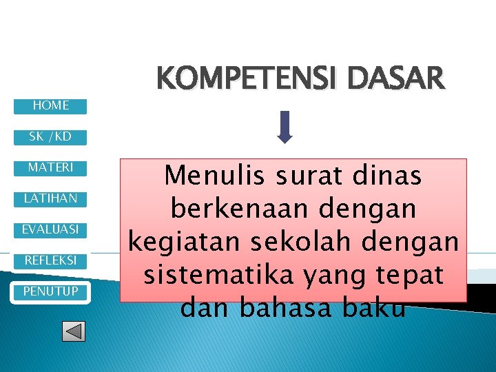 HOME KOMPETENSI DASAR SK /KD MATERI LATIHAN EVALUASI REFLEKSI PENUTUP Menulis surat dinas berkenaan