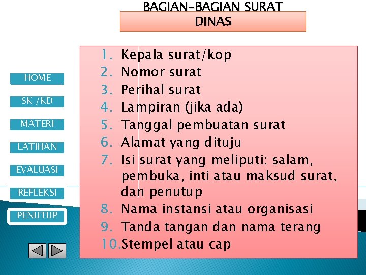 BAGIAN-BAGIAN SURAT DINAS HOME SK /KD MATERI LATIHAN EVALUASI REFLEKSI PENUTUP 1. 2. 3.