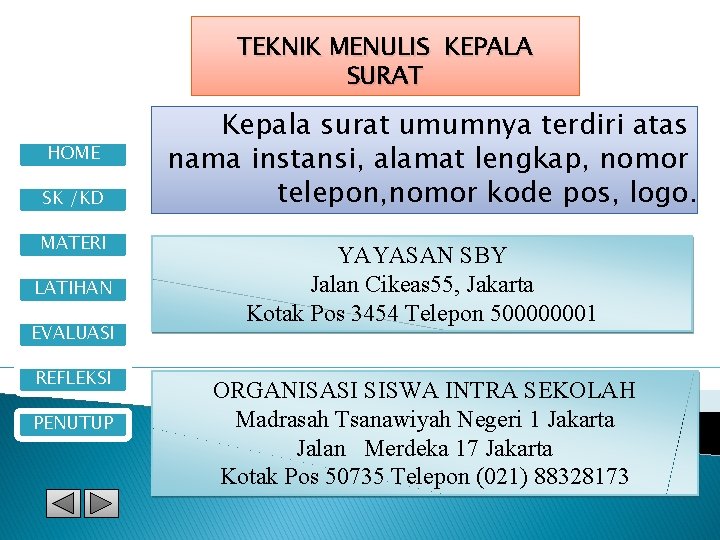 TEKNIK MENULIS KEPALA SURAT HOME SK /KD MATERI LATIHAN EVALUASI REFLEKSI PENUTUP Kepala surat