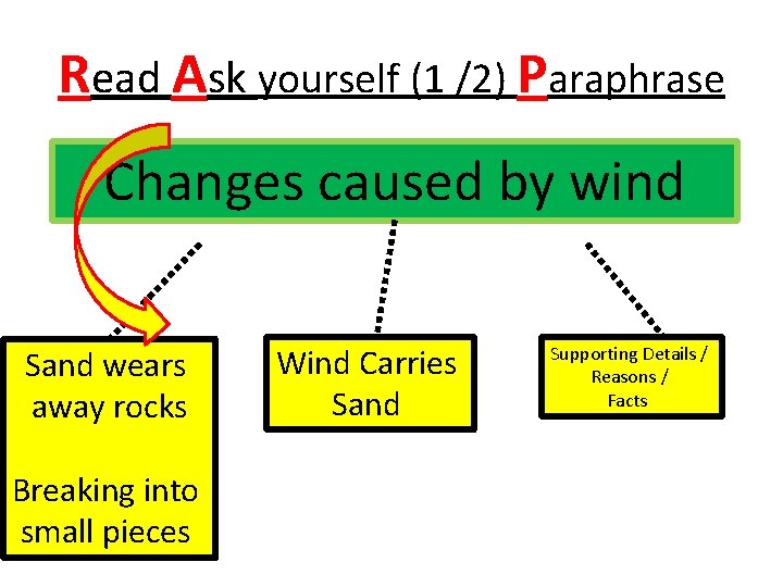 Read Ask yourself (1 /2) Paraphrase Changes caused by wind Sand wears away rocks