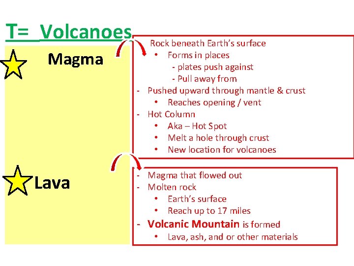 T= Volcanoes_________ - Rock beneath Earth’s surface Magma Lava • Forms in places -