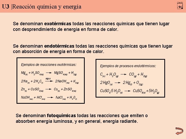 U 3 |Reacción química y energía Se denominan exotérmicas todas las reacciones químicas que