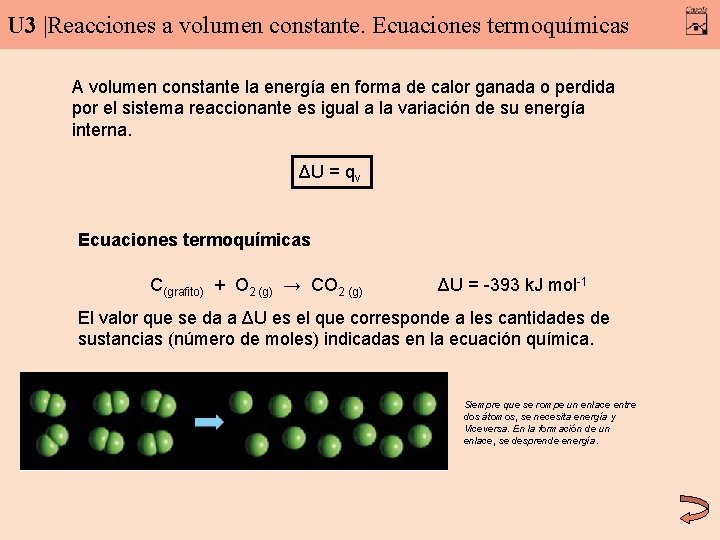 U 3 |Reacciones a volumen constante. Ecuaciones termoquímicas A volumen constante la energía en