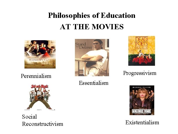Philosophies of Education AT THE MOVIES Progressivism Perennialism Essentialism Social Reconstructivism Existentialism Philosophies of Education AT THE MOVIES Progressivism Perennialism Essentialism Social Reconstructivism Existentialism