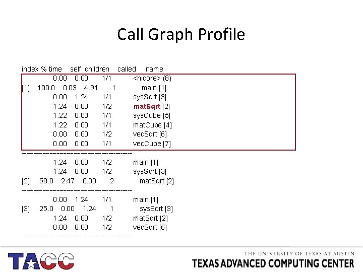 Call Graph Profile index % time self children called name 0. 00 1/1 <hicore>